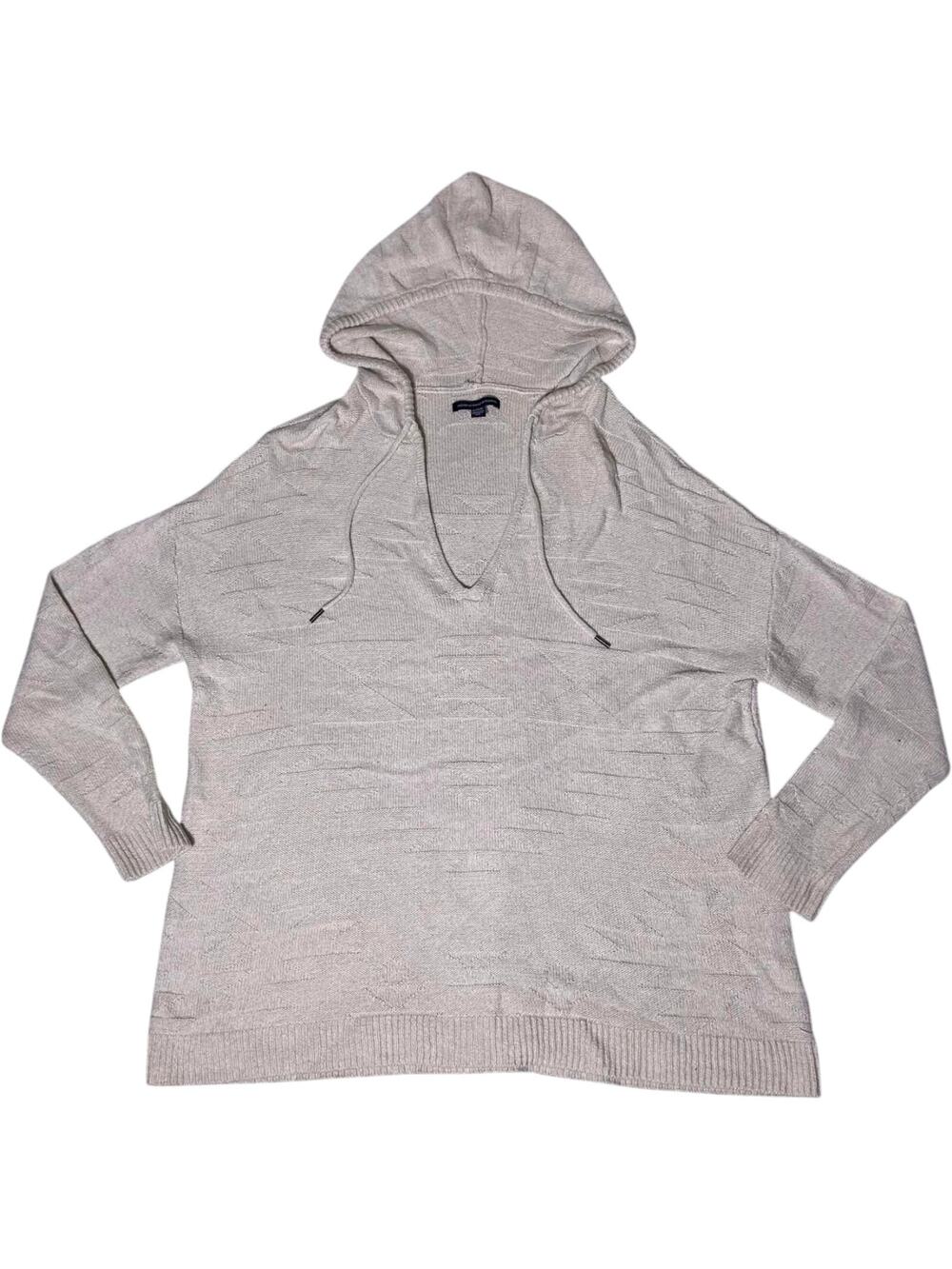 American Eagle Oatmeal Sweater Split V Neck Knit Hoodie Women's M Coastal Beach